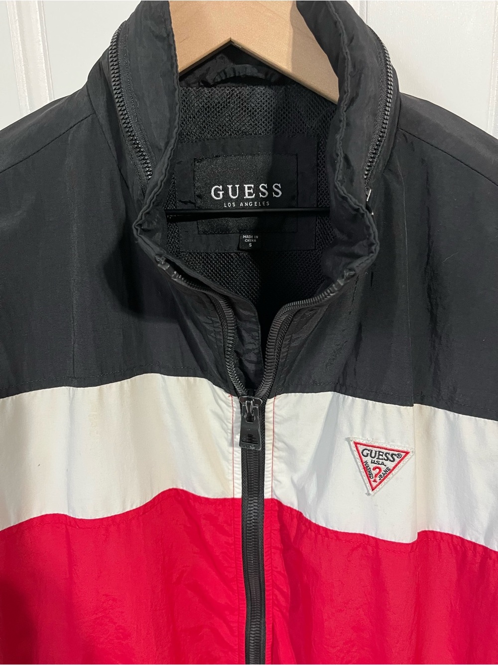 GUESS Los Angeles Black White Red Colorblock Hood Windbreaker Jacket Men’s S